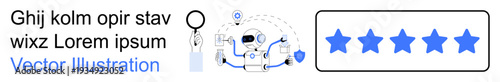 Customer satisfaction, AI review systems, quality rating, user feedback, chatbot services, digital analytics. Robot with magnifying glass and five stars. Customer satisfaction and AI review systems