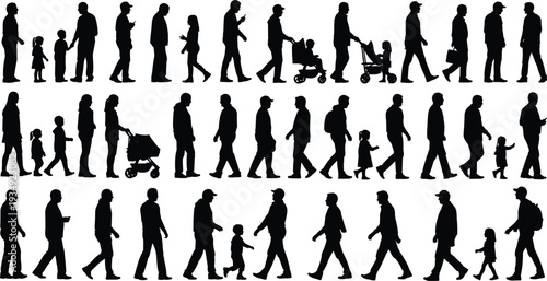 Crowd of People Silhouettes Walking Standing and Pushing Strollers Featuring Diverse Men Women Children and Families for Urban Vector Design
