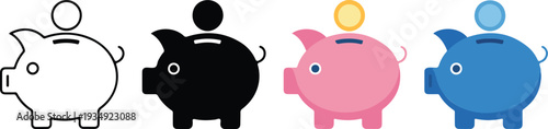 piggy bank icon set with line art and flat color illustrations for financial savings investment banking and economy,
