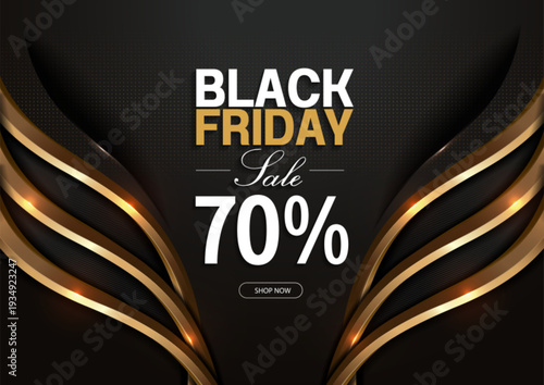 Black gold premium luxury background with glowing golden curves. Black Friday sale template 70% off. Abstract business presentation banner design for marketing and advertising.