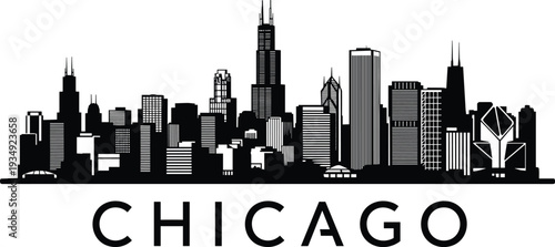 Detailed Chicago city skyline silhouette vector illustration featuring iconic skyscrapers and urban landmarks isolated on white background for architectural design.