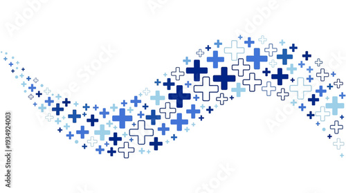 Abstract healthcare vector background with dynamic blue plus signs wave pattern, medical positivity design, wellness illustration, modern flow concept for branding, mathematics, hospitals, clinics