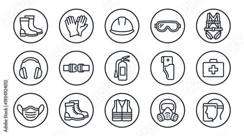 Personal protective equipment vector icon set with 16 circular safety symbols including boots, gloves, helmet, goggles, harness, fire extinguisher, first aid kit, mask, shield