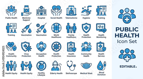 Public health vector icon set with 30 editable symbols, medicine, hospital, hygiene, vaccination, community healthcare, insurance, lifestyle, elderly care, occupational safety, virus protection design