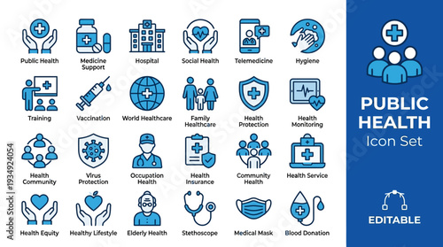 Public health vector icon set with 30 editable symbols, medicine, hospital, hygiene, vaccination, community healthcare, insurance, lifestyle, elderly care, occupational safety, virus protection design