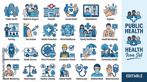 Public health vector icon set with 30 editable symbols, medicine, hospital, hygiene, vaccination, community healthcare, insurance, lifestyle, elderly care, occupational safety, virus protection design