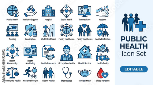Public health vector icon set with 30 editable symbols, medicine, hospital, hygiene, vaccination, community healthcare, insurance, lifestyle, elderly care, occupational safety, virus protection design