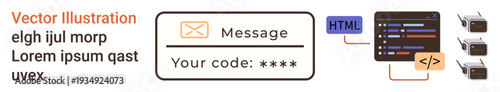 Cybersecurity, data transfer, coding, email communication, digital verification, information technology. Visual includes an email message, HTML code snippets and server icons. Cybersecurity and data