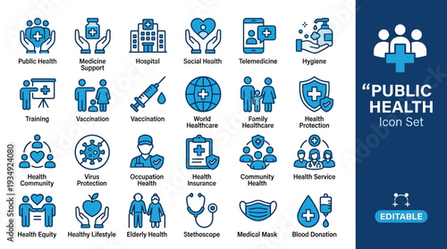 Public health vector icon set with 30 editable symbols, medicine, hospital, hygiene, vaccination, community healthcare, insurance, lifestyle, elderly care, occupational safety, virus protection design