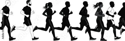 Diverse group of men and women running and jogging in side profile view for fitness training marathon and sports vector.