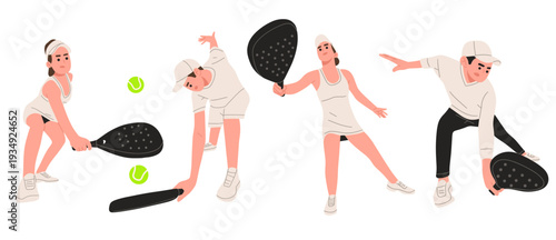 Flat vector illustration set of padel tennis players in action poses. Modern cartoon style isolated on light background. Perfect for sports posters, padel club promotion, training materials, branding 