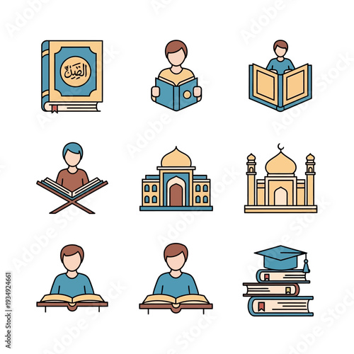 Islamic Cartoon Characters and Symbols Illustration.