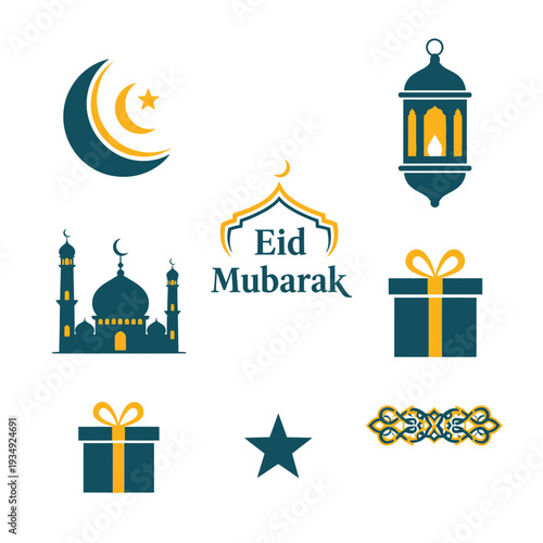 Eid Mubarak Islamic Symbols and Decorations.