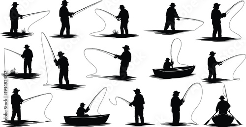 Fisherman silhouette vector set featuring various fishing poses and boat angling scenes isolated on white background for outdoor hobby design.