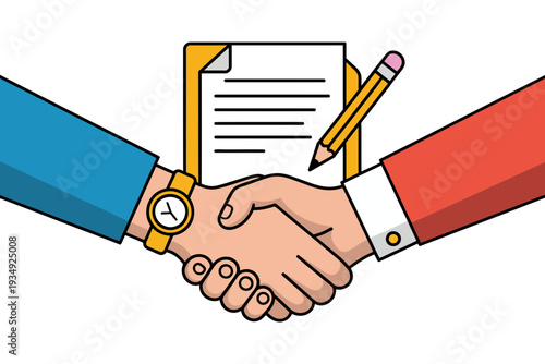 A vector graphic illustration of two people shaking hands over a contract and pencil