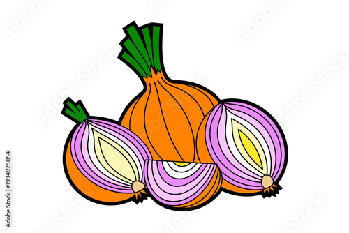 A colorful vector illustration of three onions, one whole and two halved, showcasing their vibrant purple and yellow rings.