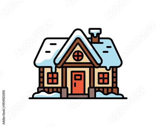 A colorful cartoon illustration of a snow-covered house with a red door and chimney
