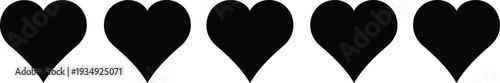 Five black heart silhouettes in a row isolated on white background symbol for love passion rating system and romantic emotion