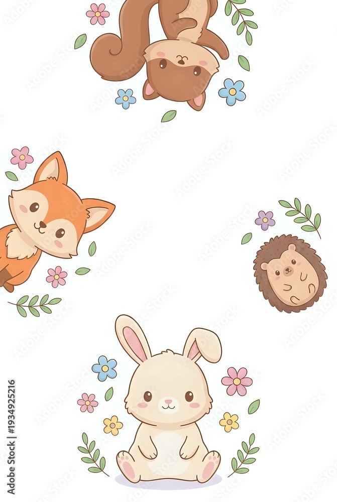 Fototapeta premium Cute woodland animals seamless pattern with rabbit, fox, squirrel and hedgehog surrounded by flowers and leaves on white background for nursery decor.