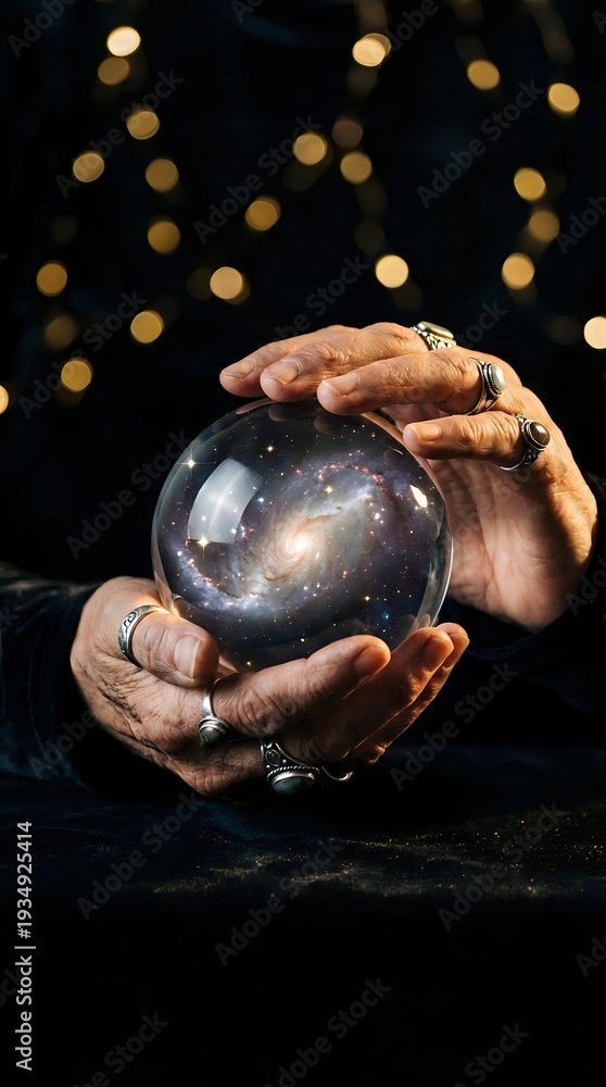 Fototapeta premium Fortune teller hands holding crystal ball with galaxy stars universe inside against bokeh lights background for mystical divination readings.