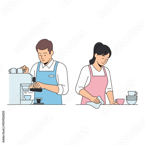 Barista making coffee and waitress cleaning cups in cafe, teamwork, service industry