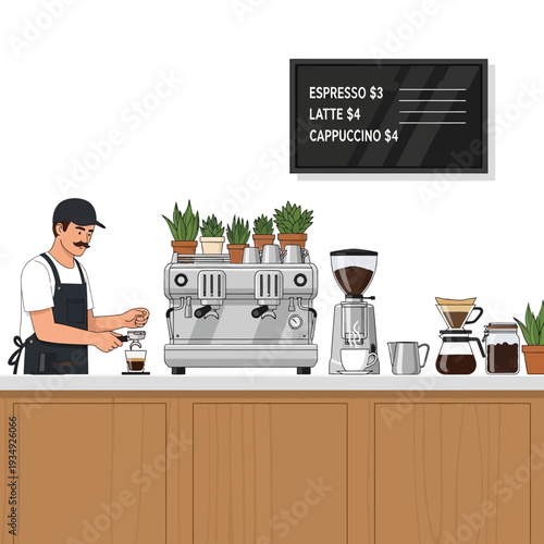 Barista making coffee at a cafe counter with espresso machine and menu board