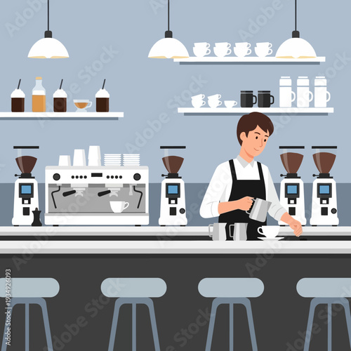Barista making coffee at a modern coffee shop counter with espresso machine and grinders