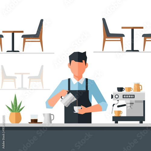 Barista making coffee at counter with espresso machine and tables in cafe