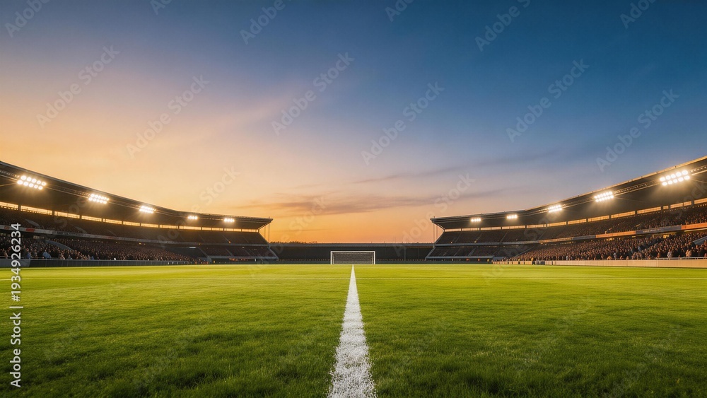 Fototapeta premium Soccer stadium at dusk with illuminated field