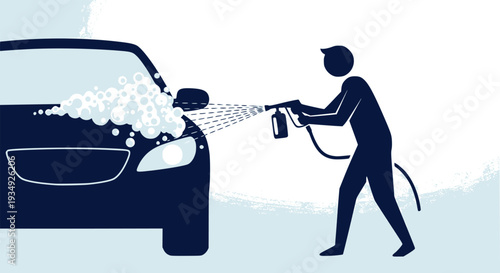 Worker spraying active foam on a car silhouette: Design for car wash signage, auto detailing services, or maintenance service flyers. Transparent background EPS version.