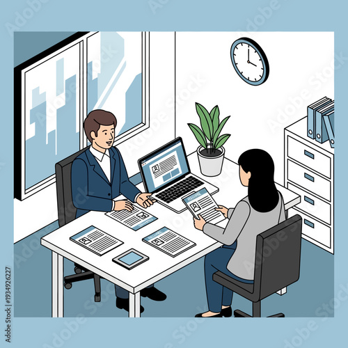 An illustration of a job interview taking place in a modern office setting with two people.