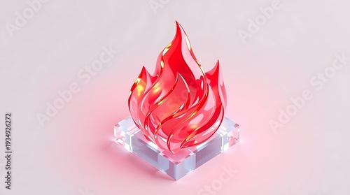A vibrant red crystal flame sits atop a glowing square base and red flame logo