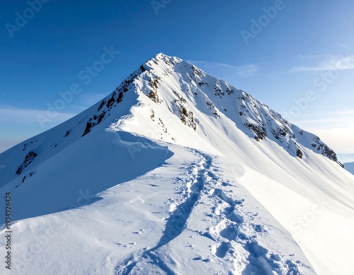 Snowy mountain ridge with visible footprints leading towards the peak under a clear blue sky