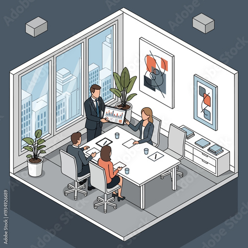 Isometric office meeting with colleagues discussing presentation.