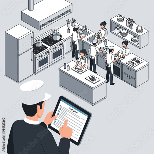 Chef Inspecting Kitchen Staff and Facilities on Digital Tablet.
