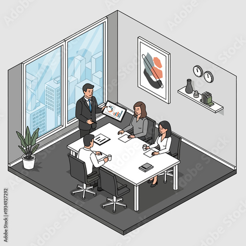 Isometric illustration of a modern office meeting with three professionals discussing around a table.