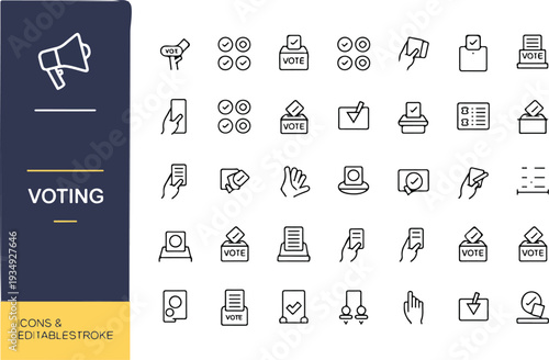 Professional voting and election icon set with editable stroke line art featuring ballot boxes candidates government and democracy symbols,