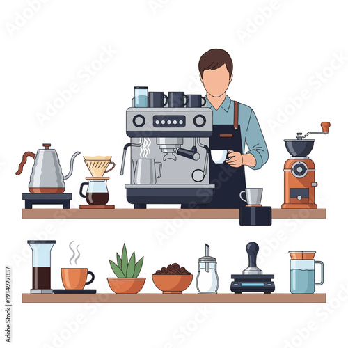 Barista making coffee with espresso machine, coffee grinder, and brewing tools