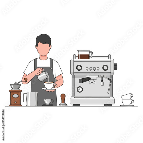 Barista making coffee with espresso machine, grinder, and milk pitcher
