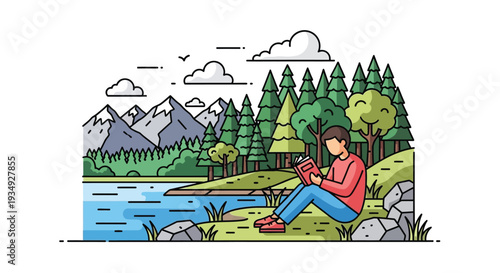 A person sitting by a tranquil lake, reading a book, with a scenic backdrop of mountains and a dense forest under a cloudy sky, in a clean line art illustration style.