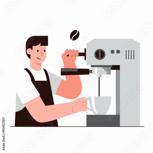 Barista making coffee with espresso machine, pouring hot beverage into cup, coffee bean above