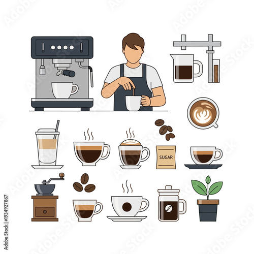 Barista Making Coffee with Espresso Machine, Coffee Beans, Cups and Plant