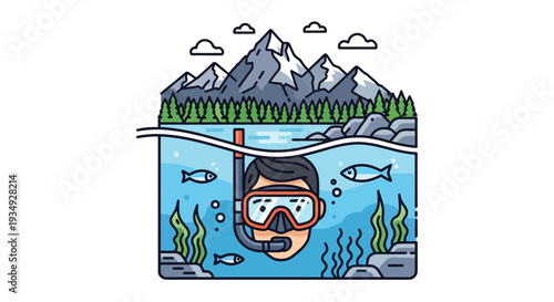 Illustration of a person snorkeling in a clear lake with mountains and pine trees in the background, depicting outdoor adventure and nature exploration.