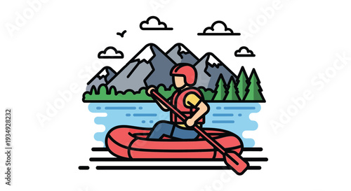 Illustration of a person whitewater rafting on a river with mountains and trees in the background under a cloudy sky.