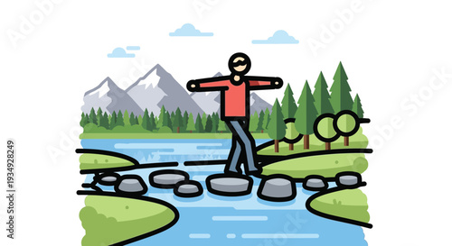 A person balancing on stepping stones across a river in a natural landscape with mountains and trees under a clear sky.
