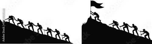 Mountain climbers teamwork silhouette with flag on summit isolated on white background, leadership, success and achievement concept for business motivation and adventure design