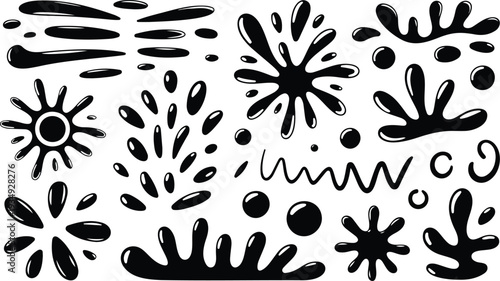 Black and white organic liquid blob shapes set with abstract splatter paint drops and flowing hand drawn design elements,