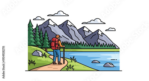 A lone hiker with a red backpack and walking sticks stands on a winding trail beside a serene lake, with majestic snow-capped mountains and a dense pine forest in the background under a cloudy sky.