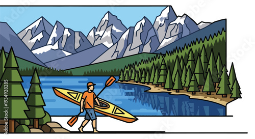 A person carrying a yellow kayak and paddle walks along the shore of a serene lake, surrounded by a dense pine forest and majestic snow-capped mountains under a clear sky.