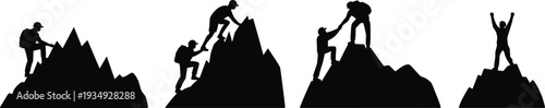 Mountain climbing silhouettes set isolated on white background, hikers reaching peak summit illustration, adventure teamwork success concept for travel, outdoor and achievement design